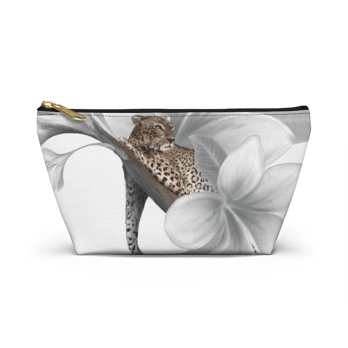 Leopard Cosmetic Pouch w T-bottom, Accessory Pouch - Leopard White Plumeria