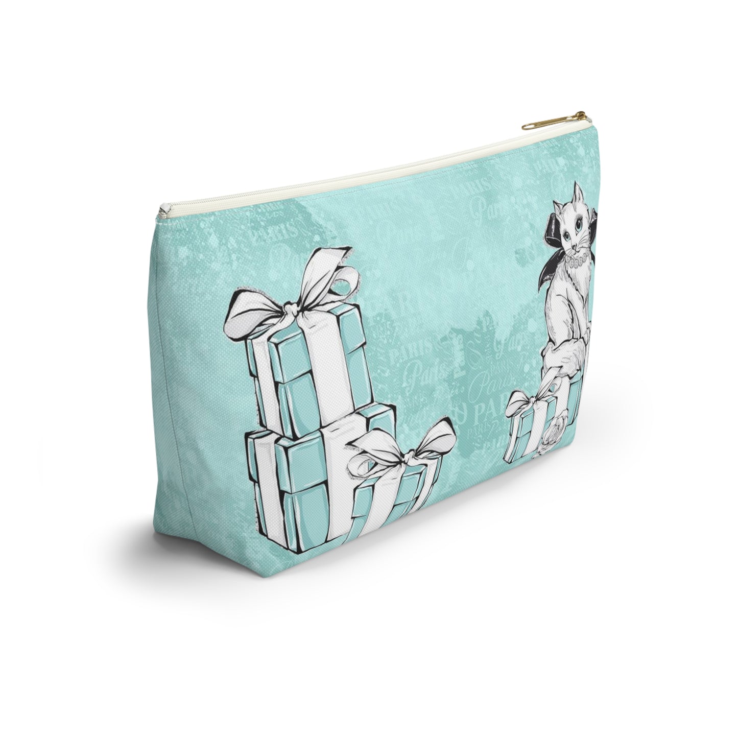 Personalized Kitty Cat Cosmetic Pouch w T-bottom, Accessory Pouch, Cat Lovers Little Blue Gift Box - Paris Blue