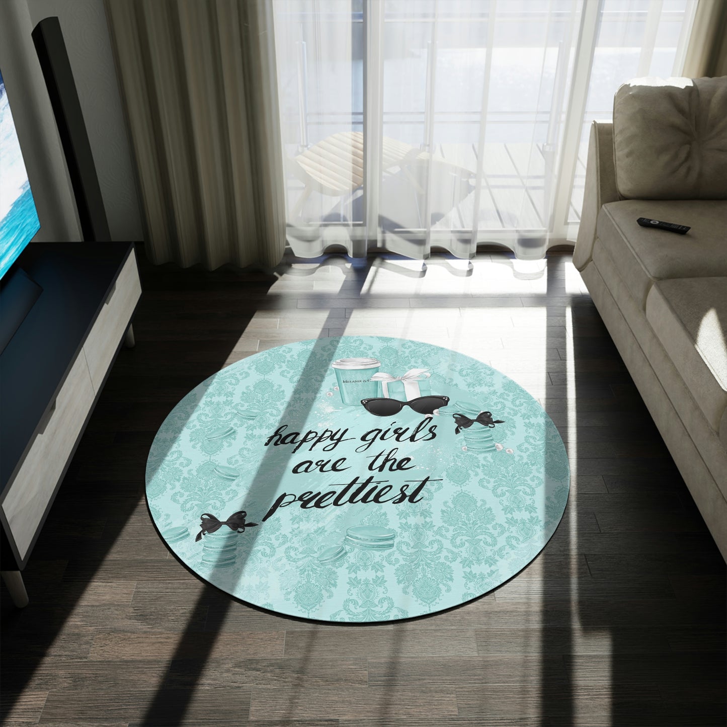 Breakfast at Tiffany Round Chenille Round Rug - 60 Inch Floor Mat - Custom and Personalized Rug - Happy Girls are the Prettiest