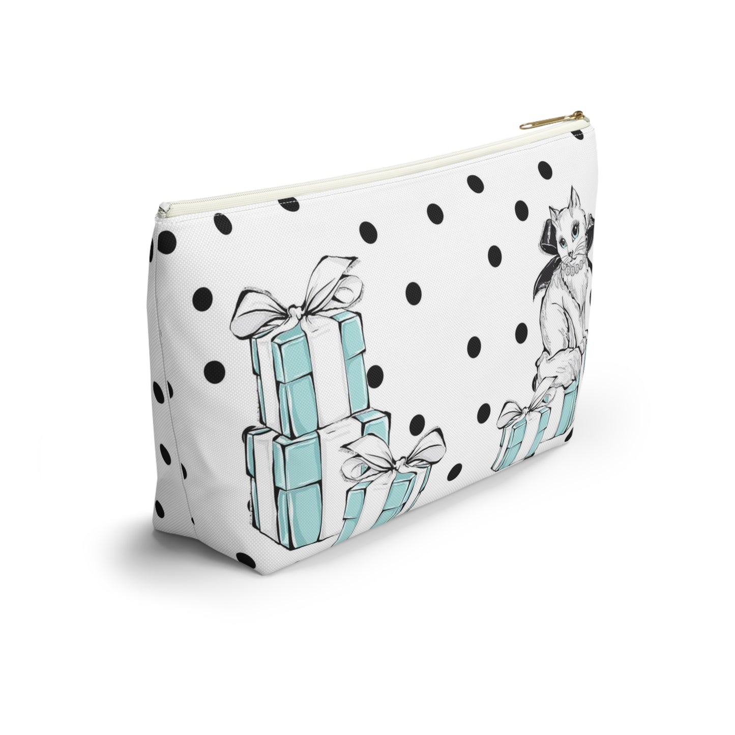 Personalized Kitty Cat Cosmetic Pouch w T-bottom, Accessory Pouch, Cats Polka Dot Breakfast at Tiffany