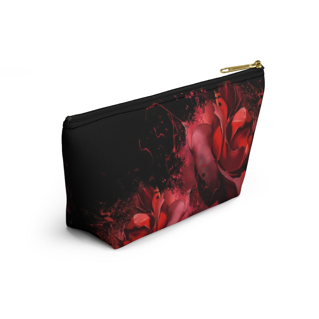 Painted Rose Cosmetic Pouch w T-bottom, Accessory Pouch, Red