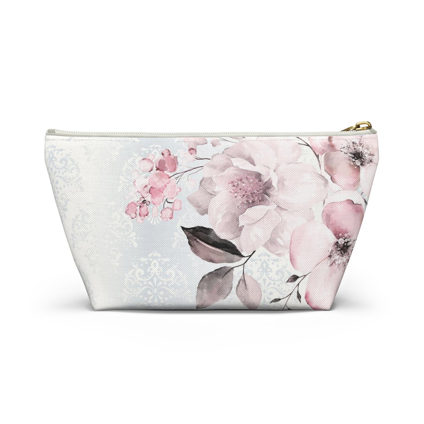 Personalized Pink Flower Damask - Cosmetic Pouch w T-bottom, Accessory Pouch