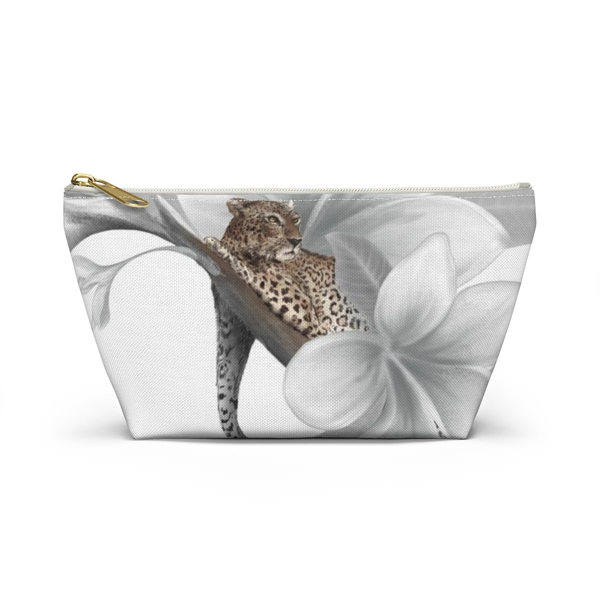 Leopard Cosmetic Pouch w T-bottom, Accessory Pouch - Leopard White Plumeria