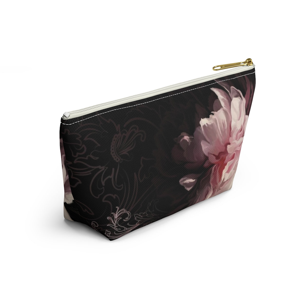 Peony Cosmetic Pouch w T-bottom, Accessory Pouch, Pink Scroll