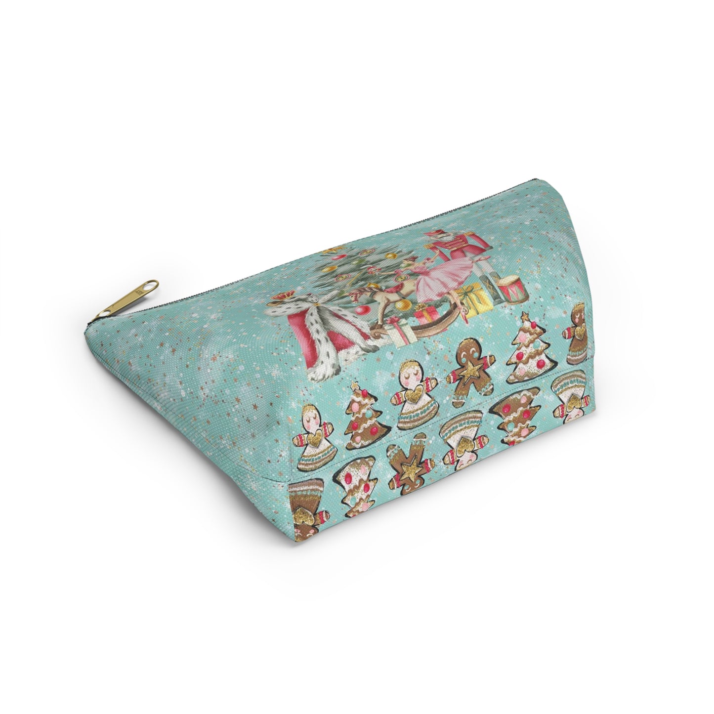 Nutcracker Gingerbread Cosmetic Pouch w T-bottom, Accessory Pouch - Blue Green Snowflake Nutcracker Ballet Makeup Bag