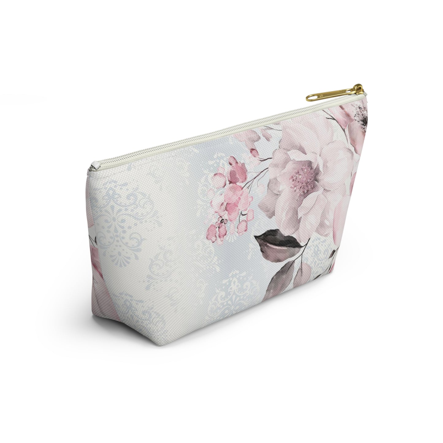 Personalized Pink Flower Damask - Cosmetic Pouch w T-bottom, Accessory Pouch