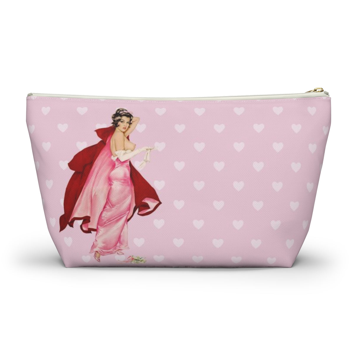 Personalized Pink Pinup Girl Cosmetic Pouch w T-bottom, Accessory Pouch - Red Riding Hood XOXO