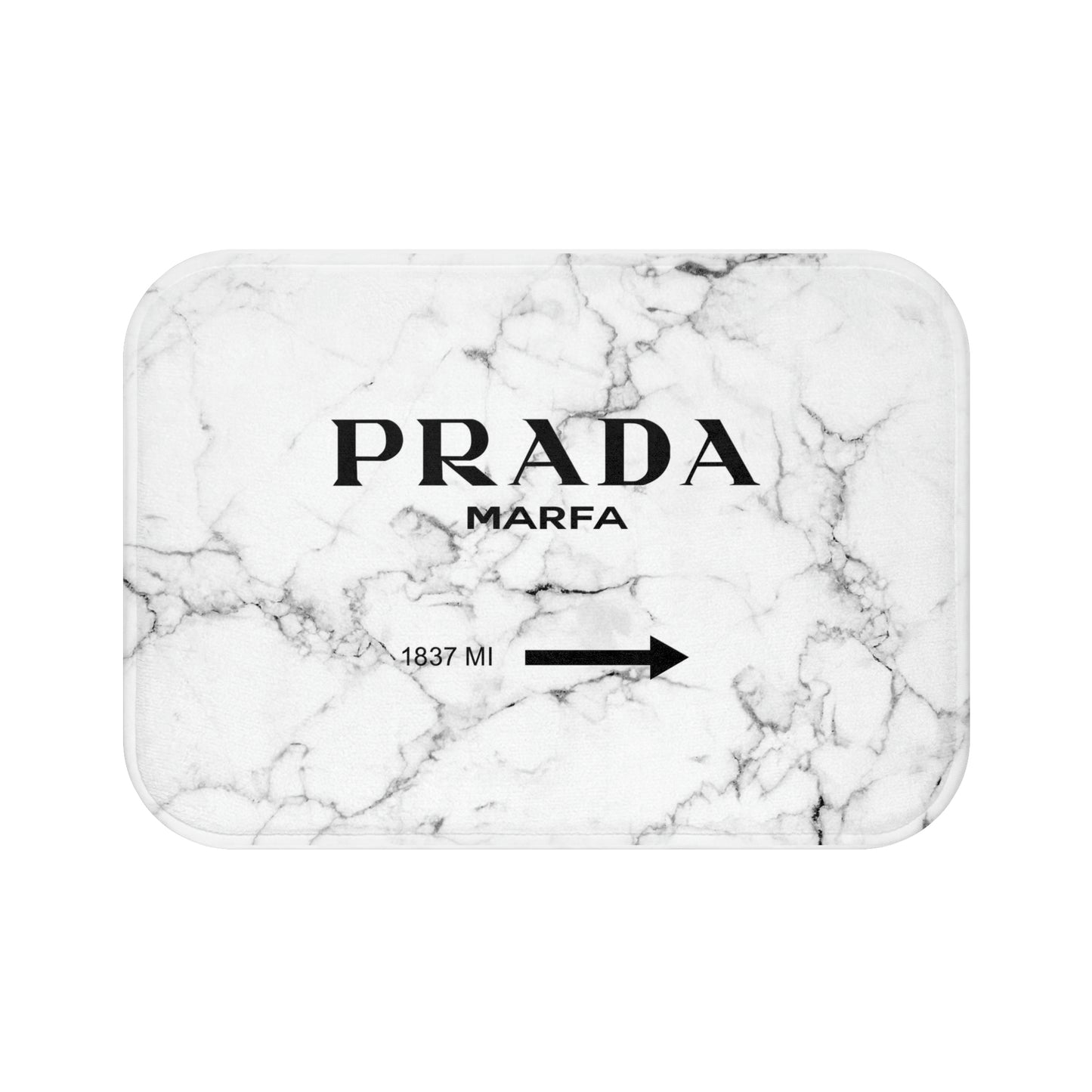 1837 MILES to MARFA White Marble Bath Mat - Fashion Inspired Floor Mat - Marfa Texas Fashion Art Installation Sign