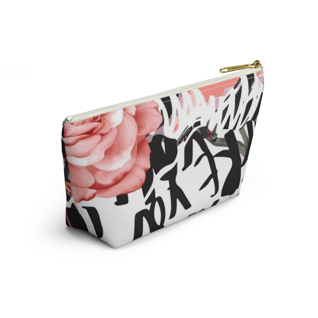 Abstract Rose Cosmetic Pouch w T-bottom, Accessory Pouch, Pink and Orange