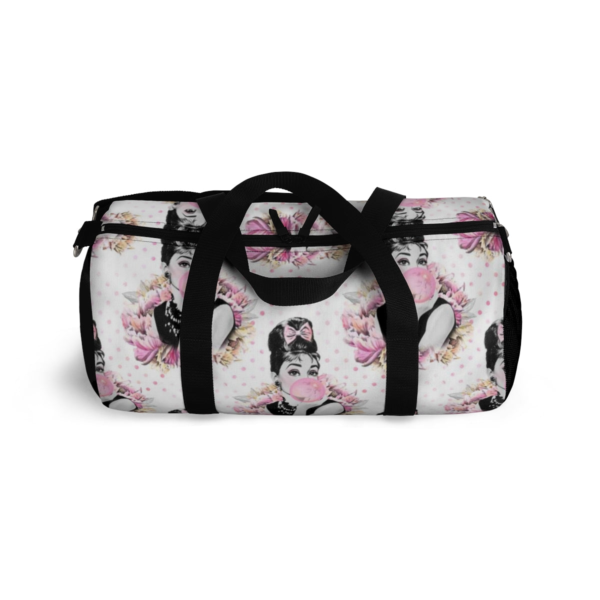 Personalized Audrey Hepburn Duffel Bag - Pink Bubblegum Polka Dot