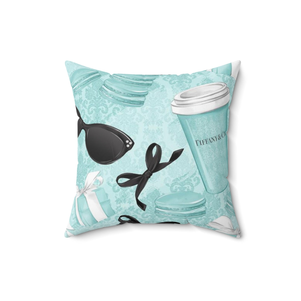 Personalized Coffee and Macarons Pillow - Blue Green Breakfast at Tiffany