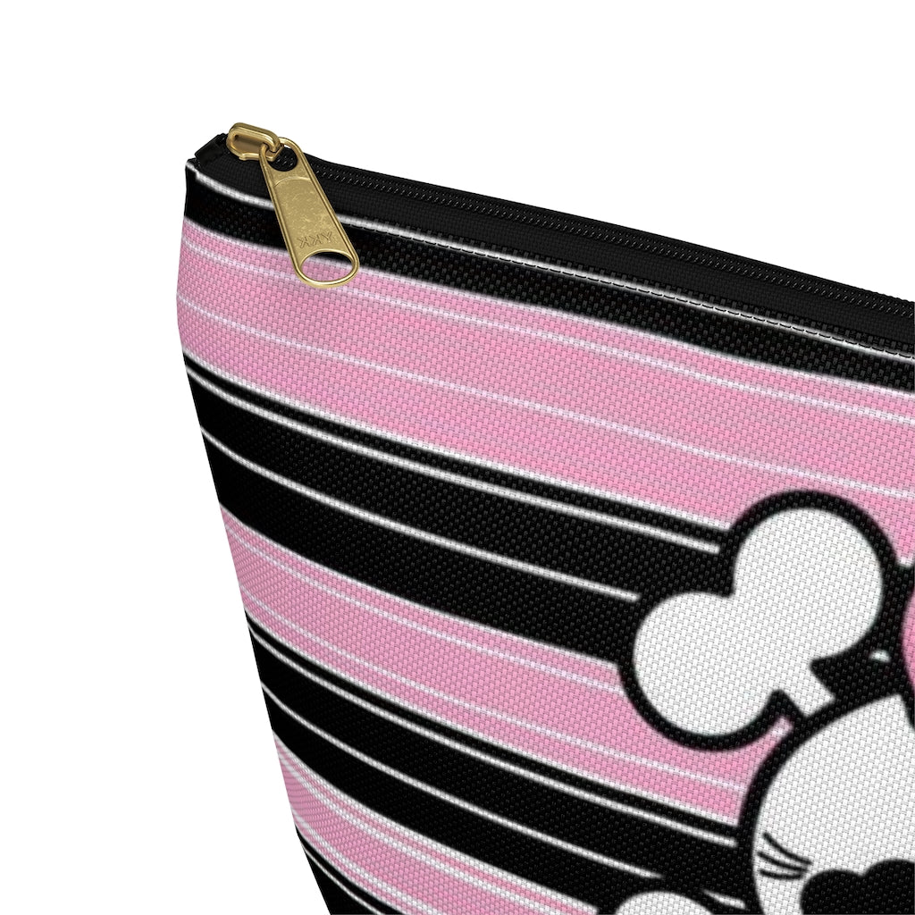 Candy Skull Cosmetic Pouch w T-bottom, Accessory Pouch, Pink Black Stripe