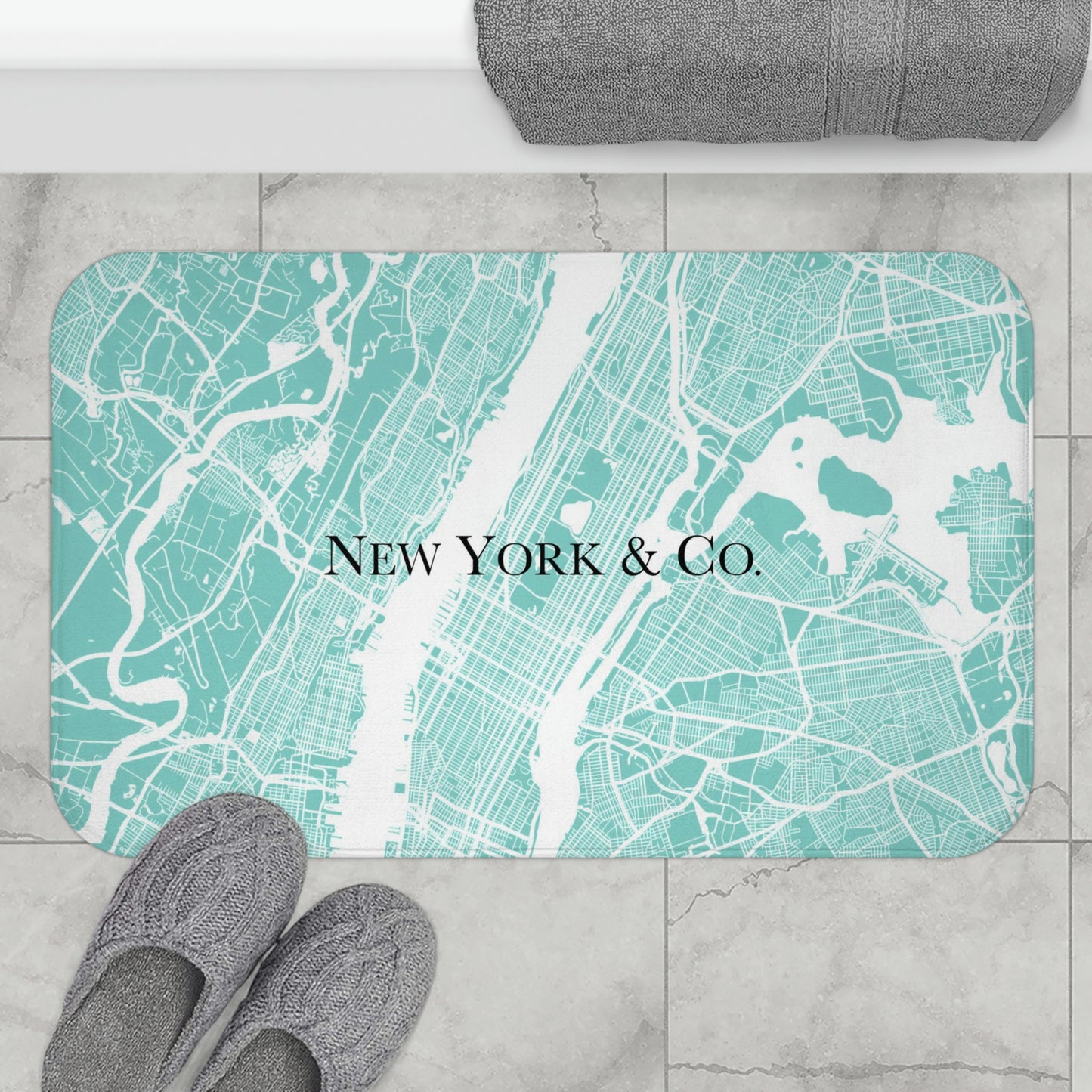 New York City Map Bath Mat - Robin Egg Blue New York Floor Mat - Breakfast at Tiffany Inspired Personalized Bathroom Shower Mat