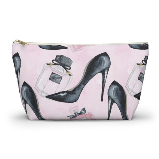 Pink Fashion Pouch w T-bottom, Accessory Pouch - Stilettos and Perfume