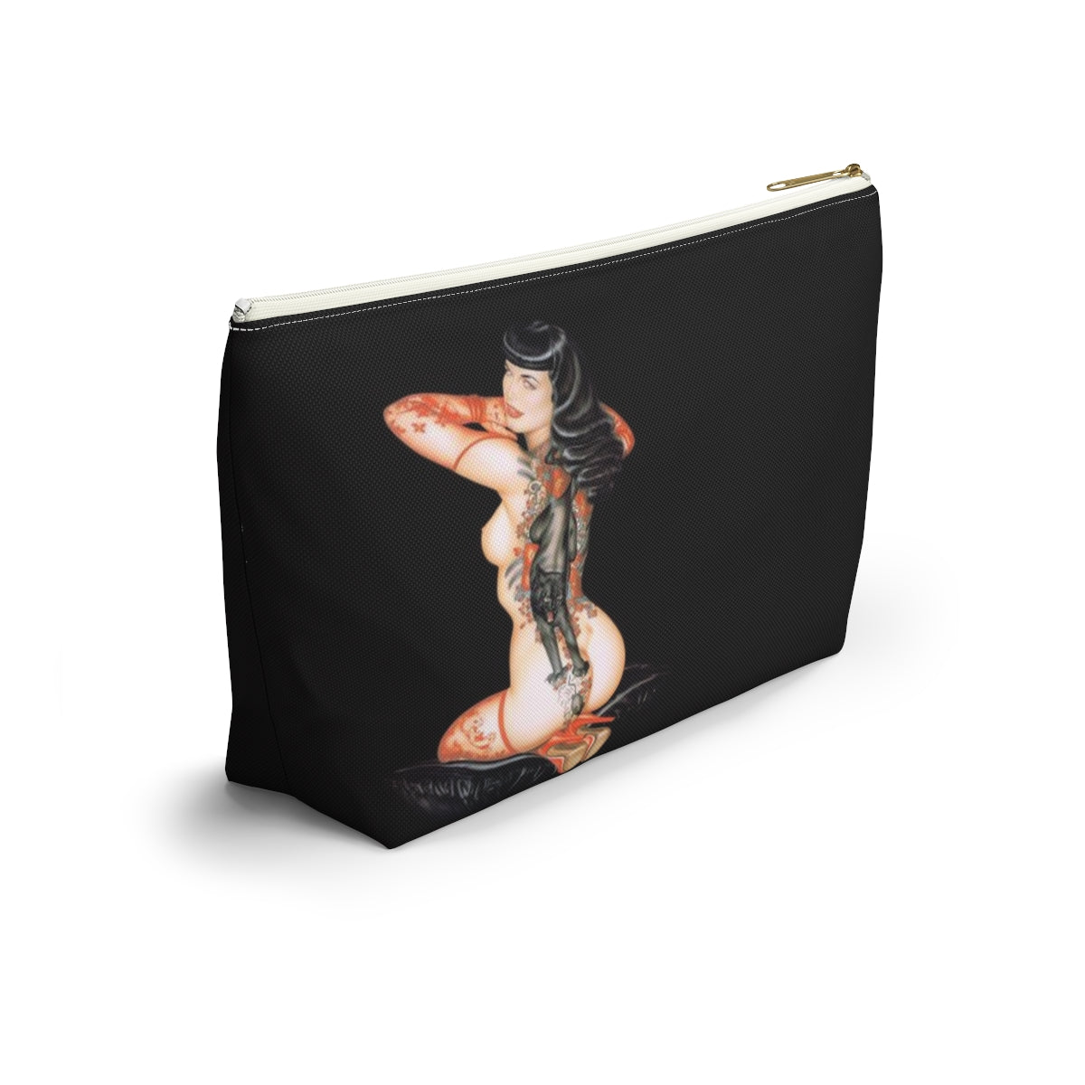 Pinup Girl Cosmetic Pouch w T-bottom, Accessory Pouch - Femme Forever Black Cat Tattoo Pinup Girl