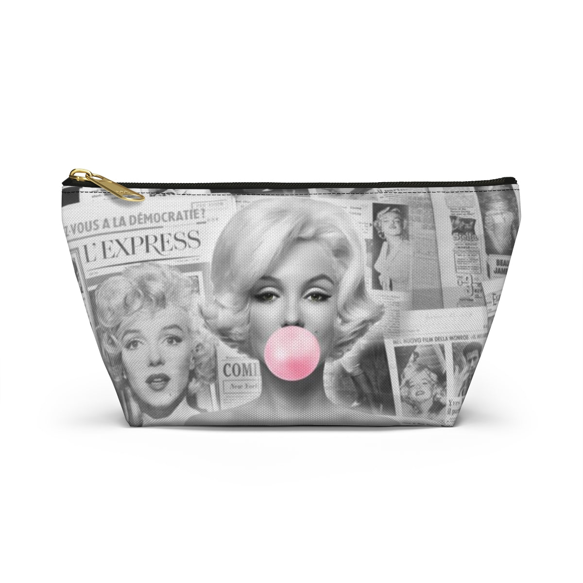 Marilyn Monroe Cosmetic Pouch w T-bottom, Accessory Pouch - Marilyn Bubblegum Pink International News Makeup Bag