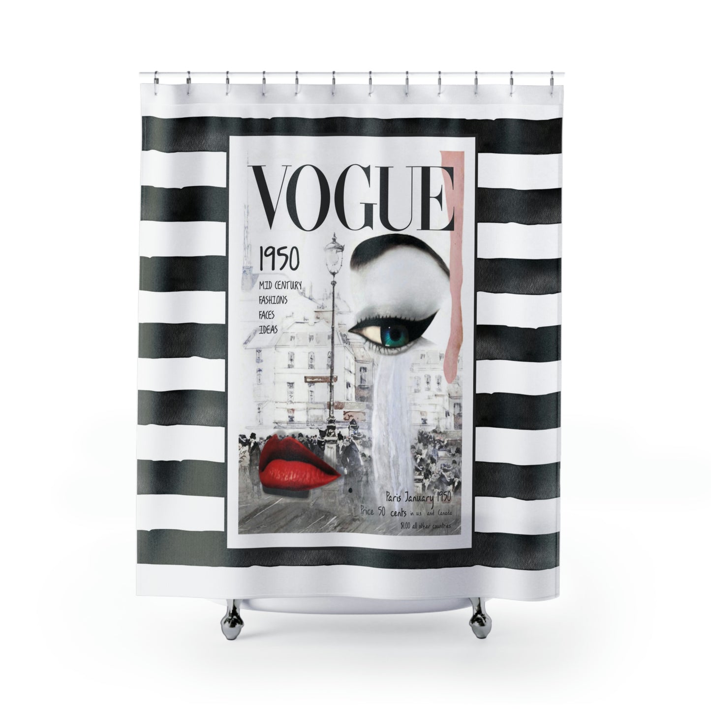 1950 Paris VOGUE Shower Curtain - Fashion Magazine Shower Curtain - Black & White Stripe Bathroom Curtain