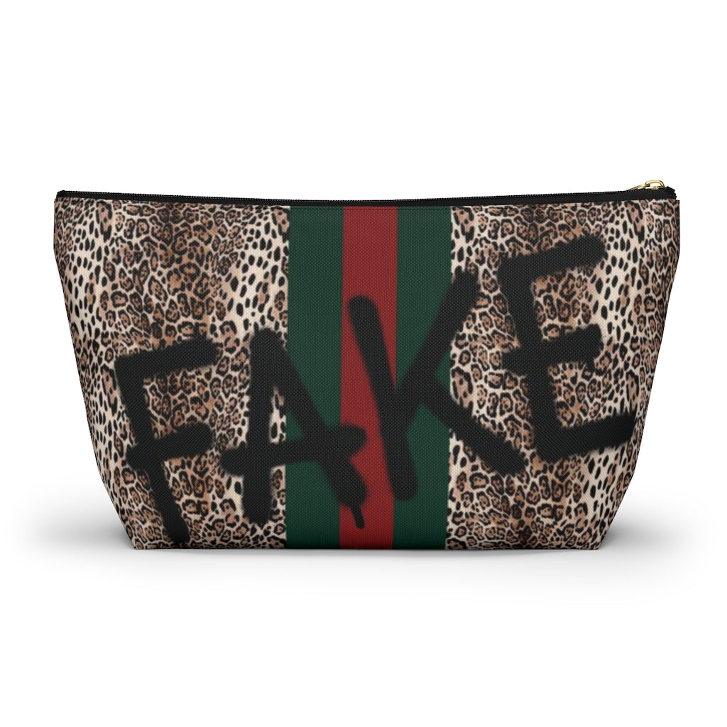 FAKE Fashion Cosmetic Pouch w T-bottom, Accessory Pouch, Leopard Red Green Stripe