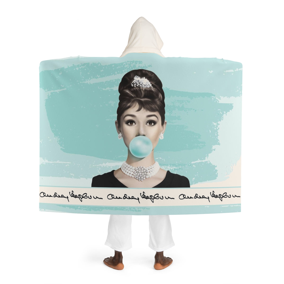 Audrey Hepburn Bubblegum Hooded Sherpa Fleece Blanket, Hooded Shrug - Blue Green Bubble Autograph Trim