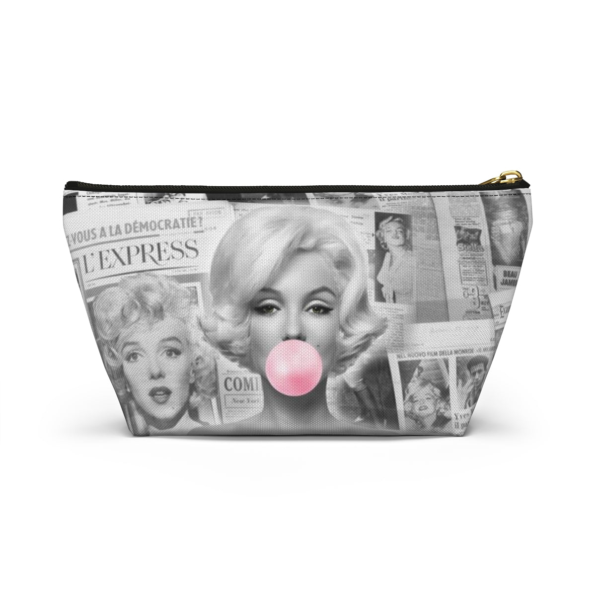 Marilyn Monroe Cosmetic Pouch w T-bottom, Accessory Pouch - Marilyn Bubblegum Pink International News Makeup Bag