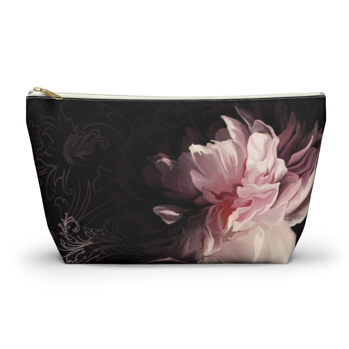 Peony Cosmetic Pouch w T-bottom, Accessory Pouch, Pink Scroll