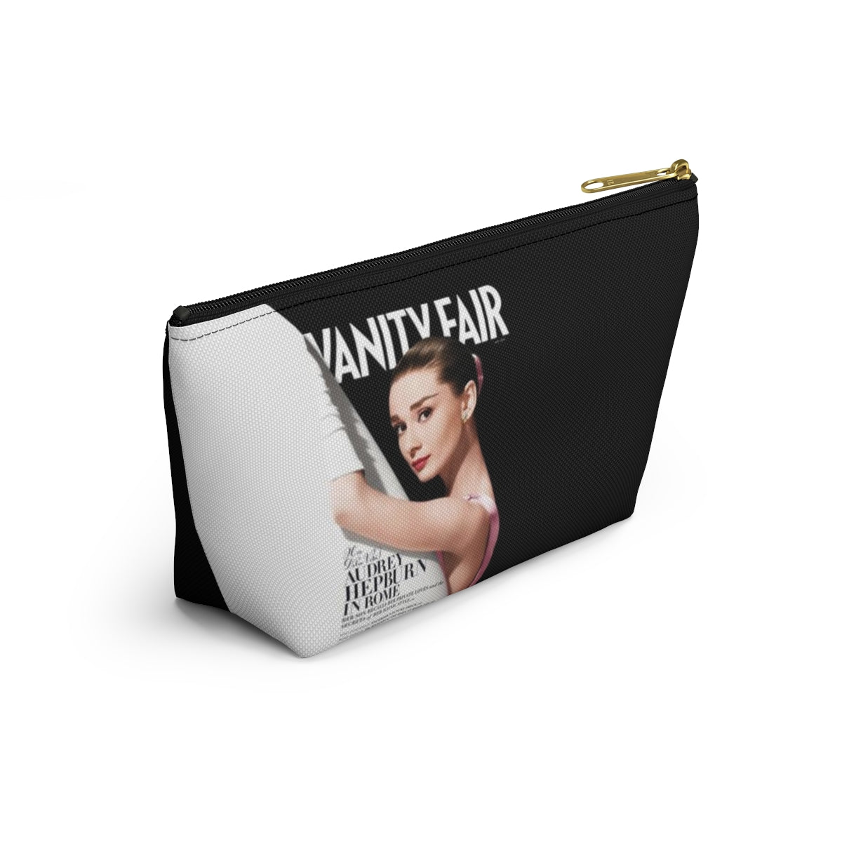 Personalized Audrey Hepburn Cosmetic Pouch w T-bottom, Accessory Pouch - Audrey Hepburn Vanity Fair Color Block Bag