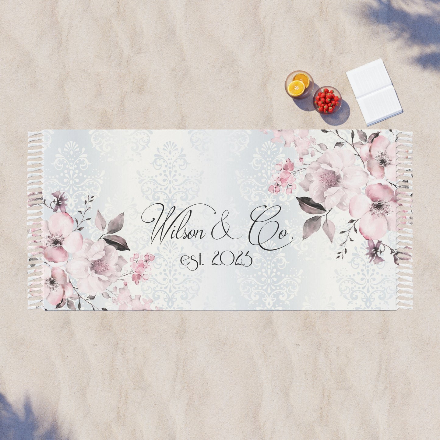 Personalized Bride Wrap, Beach Cloth with Fringe - Pink Flower and Damask Bridal Party Wraps