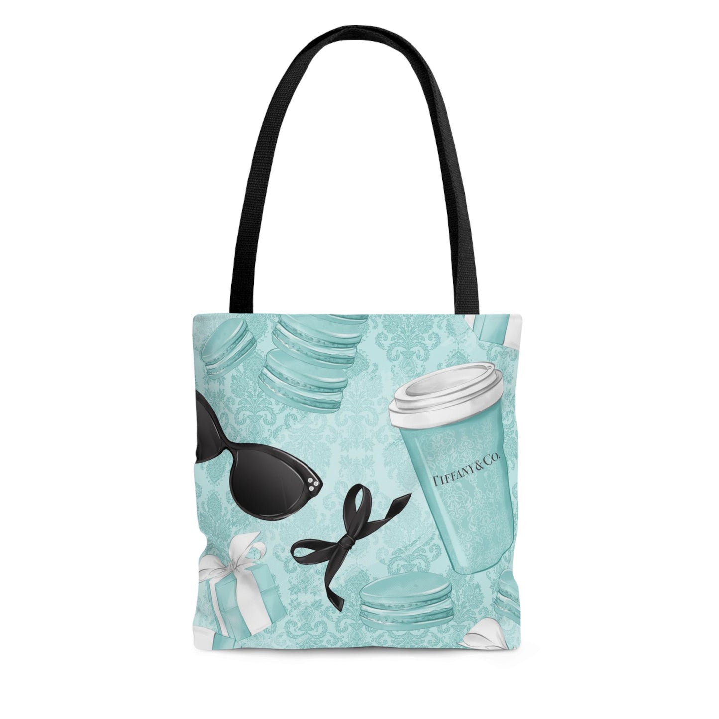 Personalized Coffee and Macarons Canvas Tote Bag, Basic Square Tote - Breakfast at Tiffany Inspired, Paris Blue