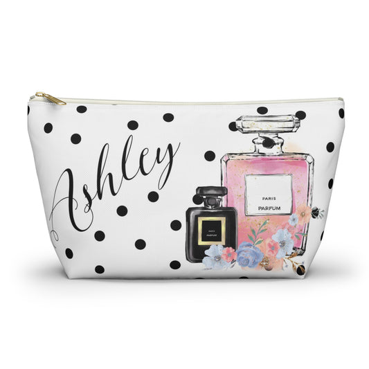 Personalized Perfume Cosmetic Pouch w T-bottom, Accessory Pouch, Perfume Bottle Polka Dot