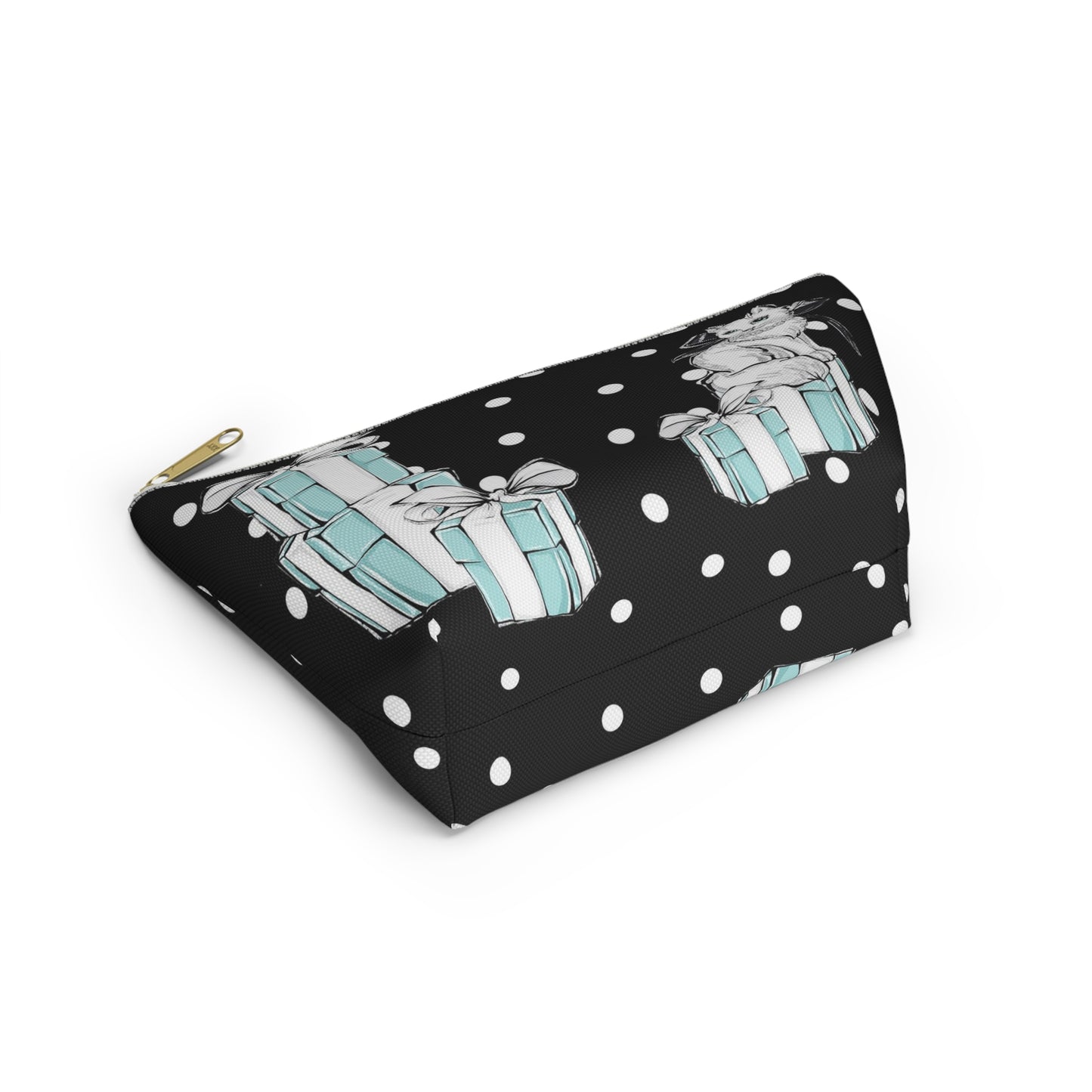 Personalized Kitty Cat Cosmetic Pouch w T-bottom, Accessory Pouch, Cats Polka Dot Breakfast at Tiffany - Black