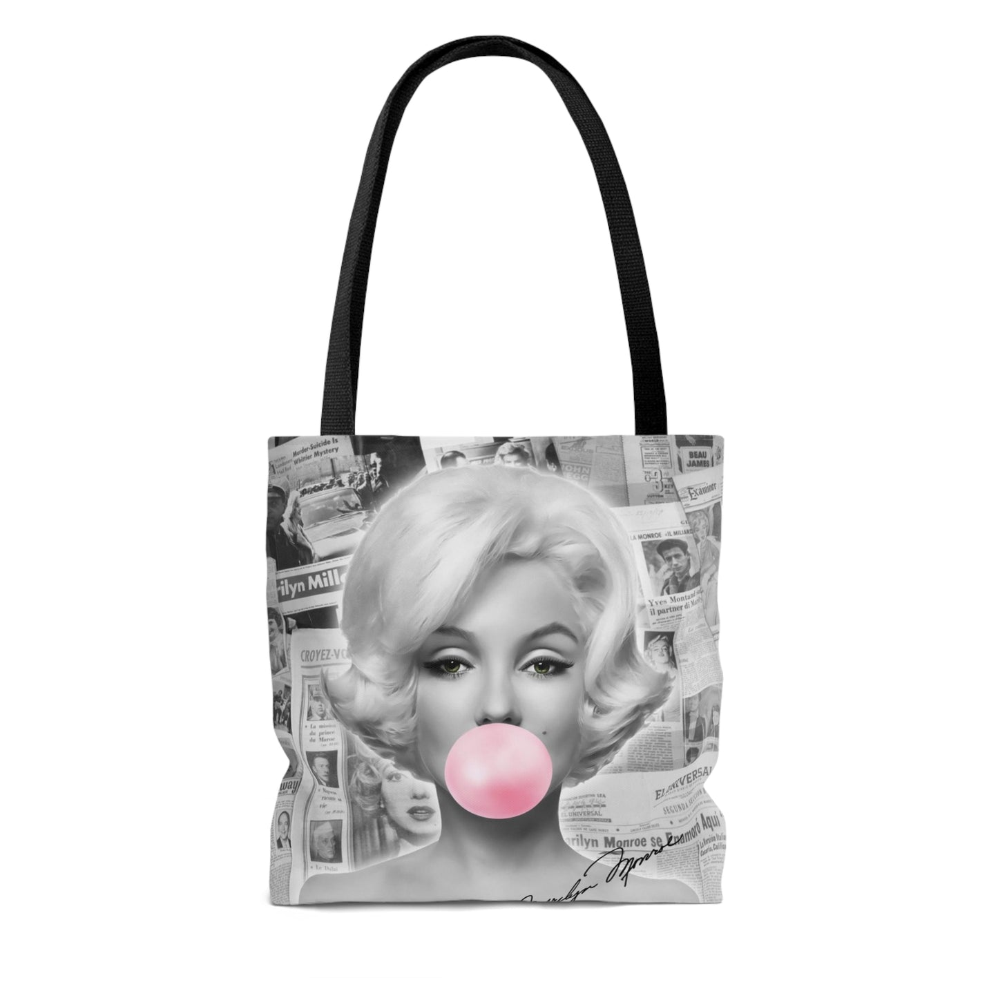 Marilyn Monroe Canvas Tote Bag, Basic Square Tote - Marilyn Monroe Bubblegum News Print Autograph Tote