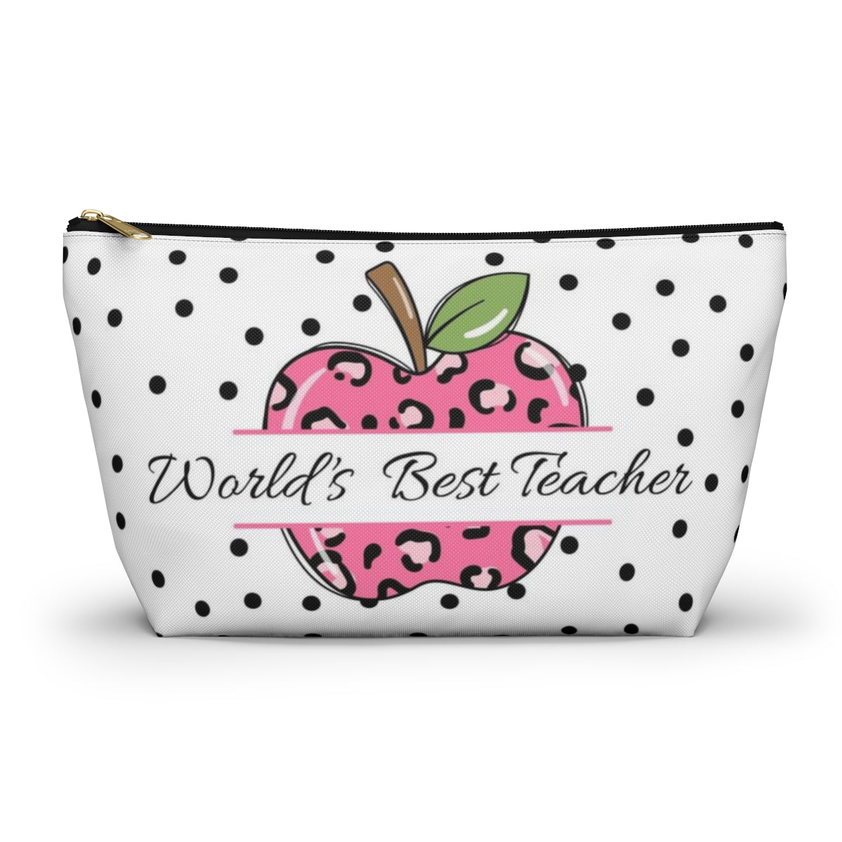 Personalized World's Best Teacher Cosmetic Pouch w T-bottom, Accessory Pouch, Pink Leopard Apple Dot