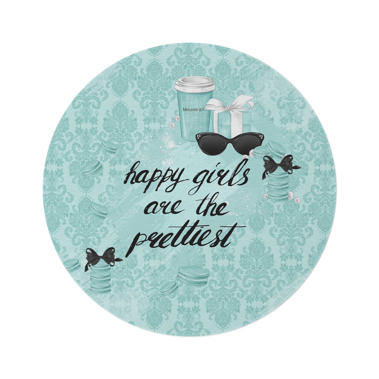 Breakfast at Tiffany Round Chenille Round Rug - 60 Inch Floor Mat - Custom and Personalized Rug - Happy Girls are the Prettiest