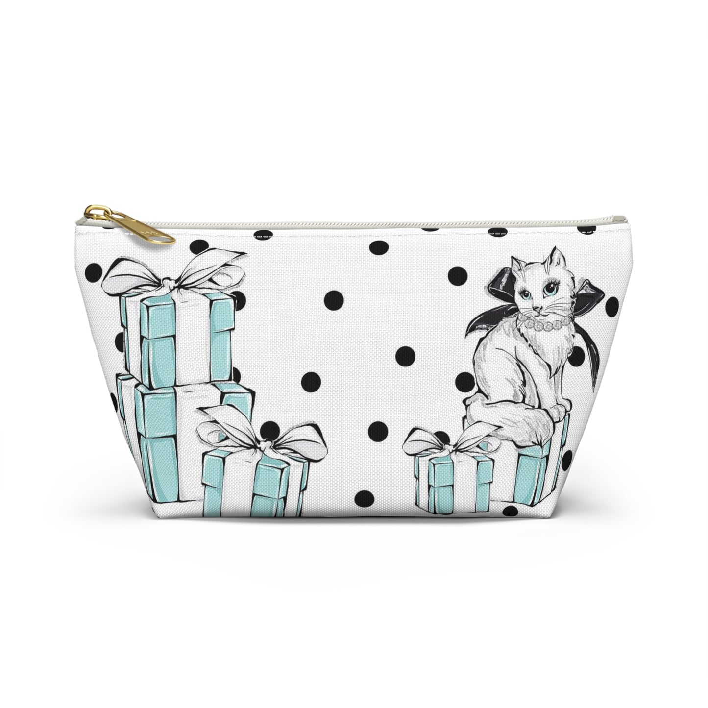 Personalized Kitty Cat Cosmetic Pouch w T-bottom, Accessory Pouch, Cats Polka Dot Breakfast at Tiffany