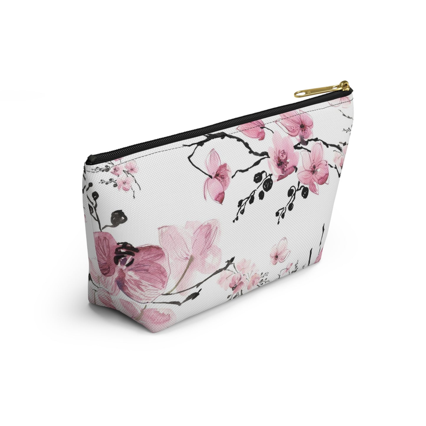 Sakura Cosmetic Pouch w T-bottom, Accessory Pouch - Pink Watercolor Cherry Blossom Makeup Bag