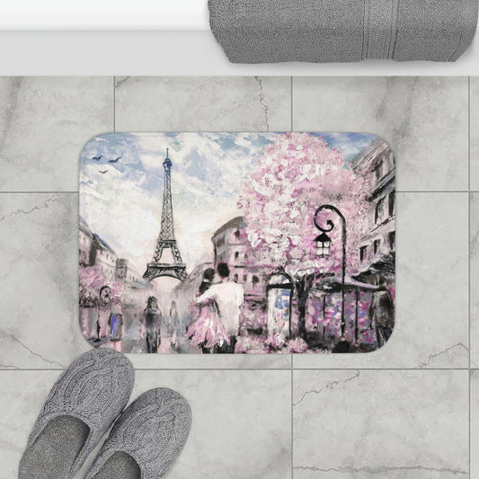 Love in Paris Bath Mat - Personalized Floor Mat - Pink Paris Painting Fashion Bathroom Shower Mat