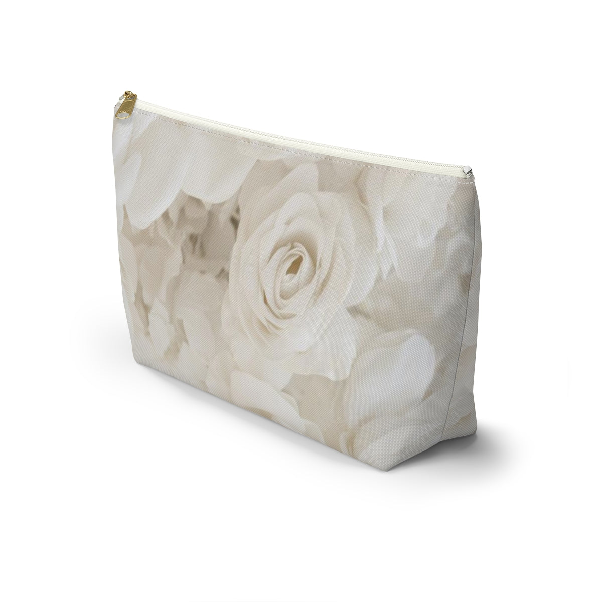 Personalized Cream Rose Cosmetic Pouch w T-bottom, Accessory Pouch - Off White Rose Leopard Print