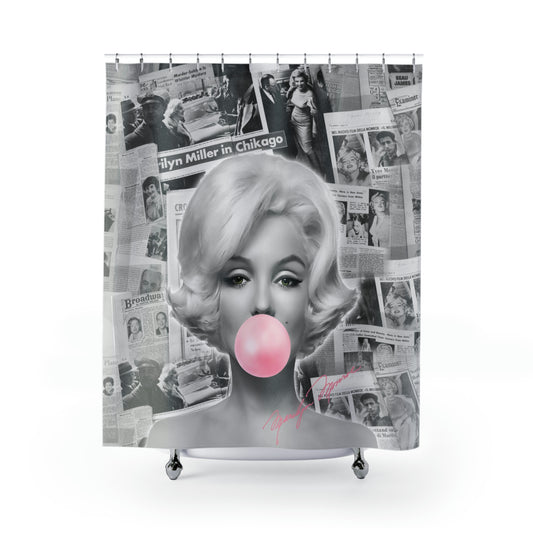 Marilyn Monroe Shower Curtain - Black and White Vintage News Print - Marilyn Monroe Bubblegum Bath Curtain