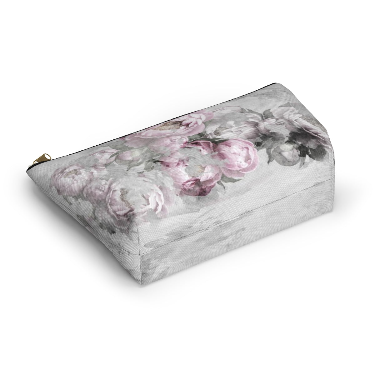 Peony Cosmetic Pouch w T-bottom, Accessory Pouch, Antiqued Pink and Grey