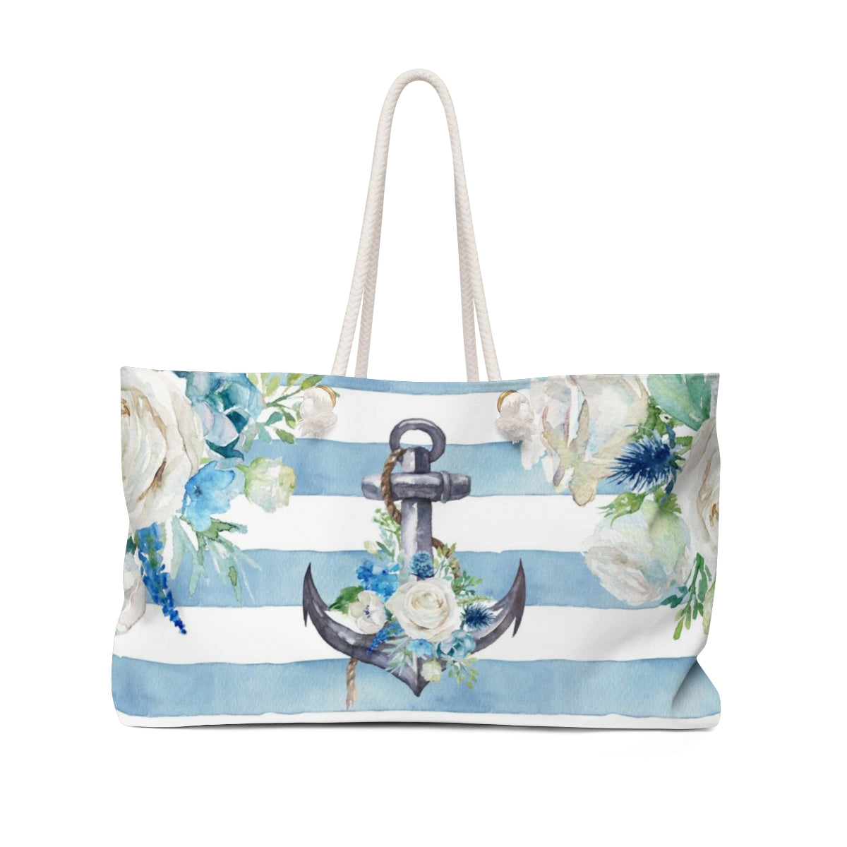 Personalized Anchor Beach Bag - Weekender Bag, Rope Tote - Blue Floral Anchor Stripe Tote Bag