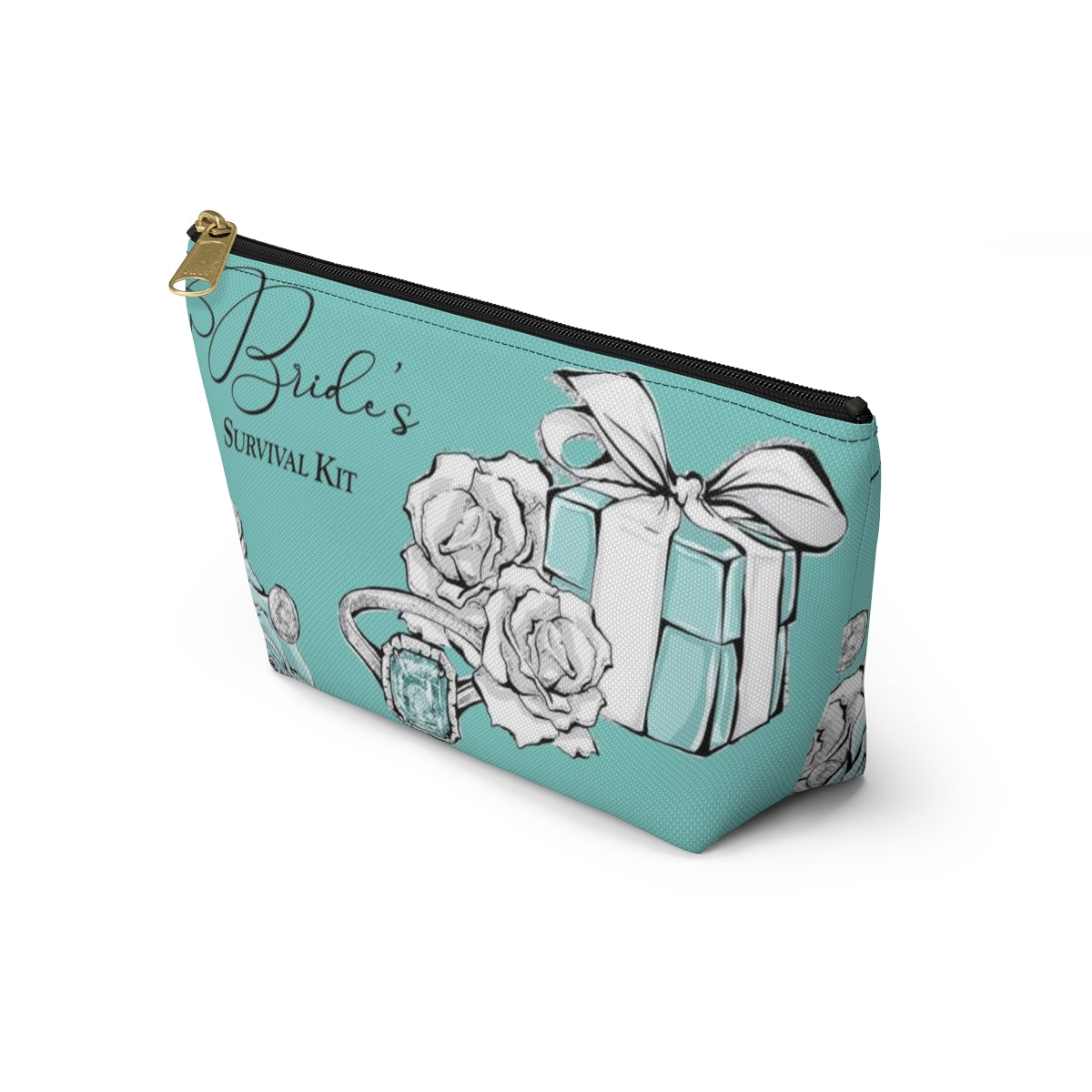 Brides Survival Kit Cosmetic Pouch w T-bottom, Accessory Pouch, Blue Green