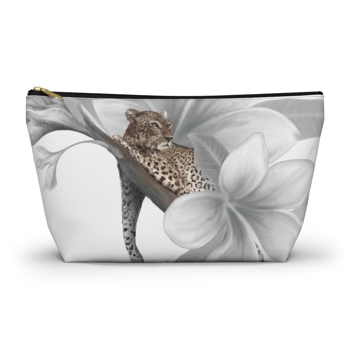 Leopard Cosmetic Pouch w T-bottom, Accessory Pouch - Leopard White Plumeria