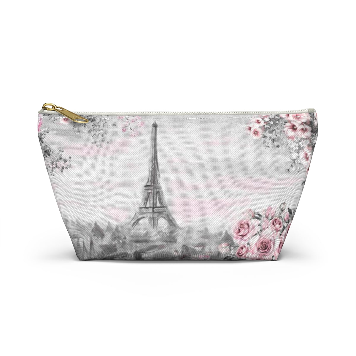 Eiffel Tower Cosmetic Pouch w T-bottom, Accessory Pouch, Pink Paris Rose