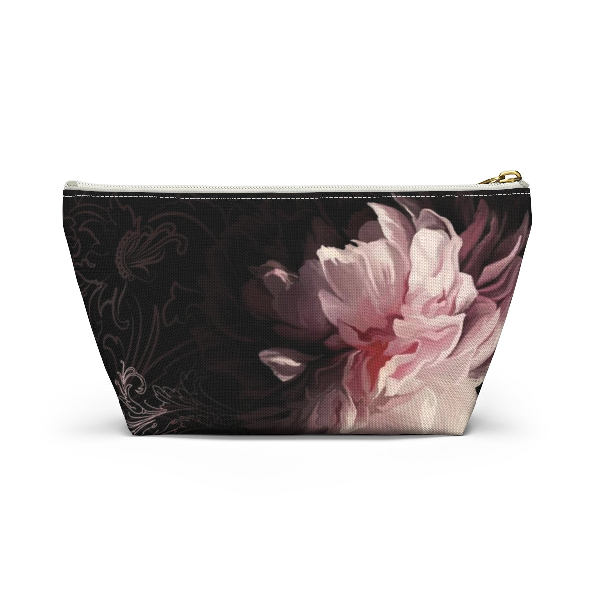 Peony Cosmetic Pouch w T-bottom, Accessory Pouch, Pink Scroll