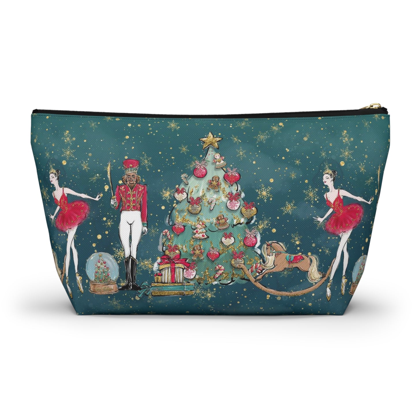 Nutcracker Ballet Cosmetic Pouch w T-bottom, Accessory Pouch - Emerald Green Nutcracker Ballet Makeup Bag