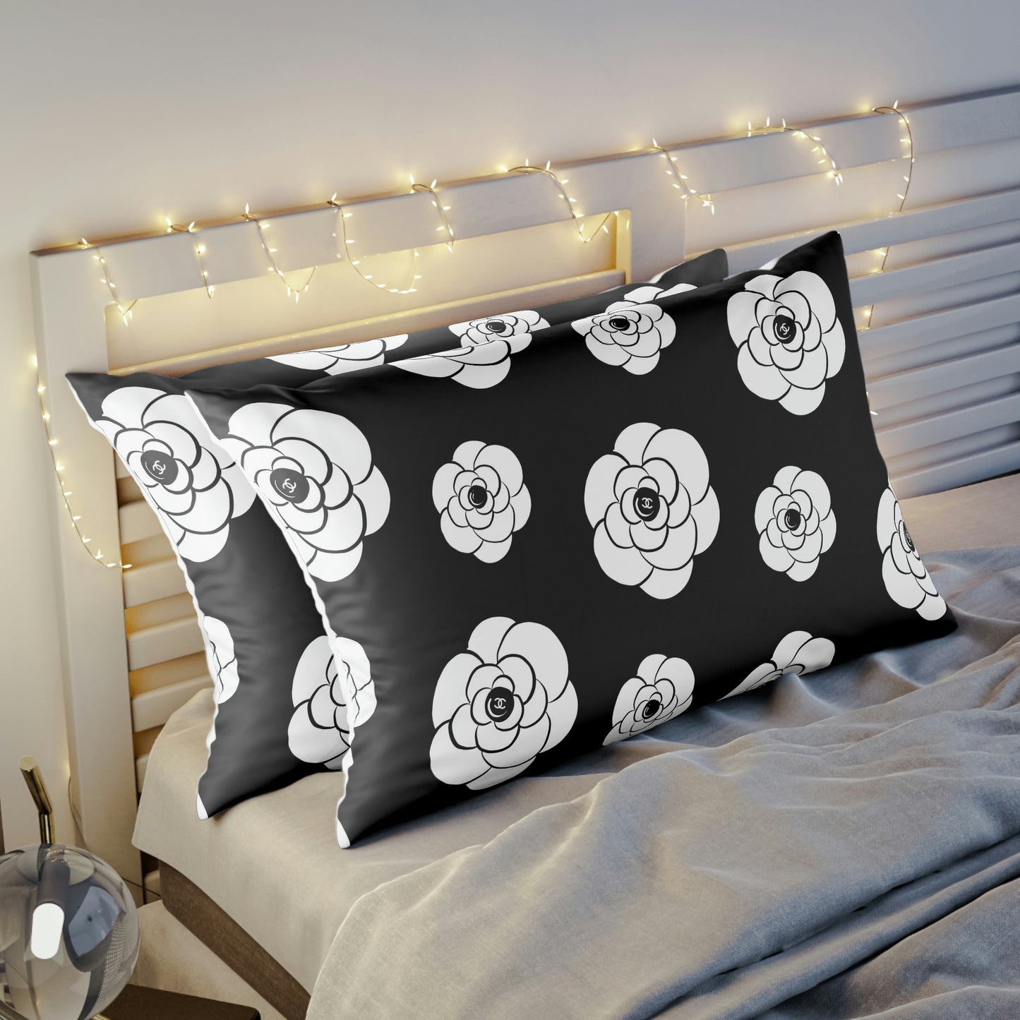 White Camillia Flower Pillow Sham - Custom Designer Logo Pillow Sham - Hand Drawn Flower Black Noir Bed Pillow Covers