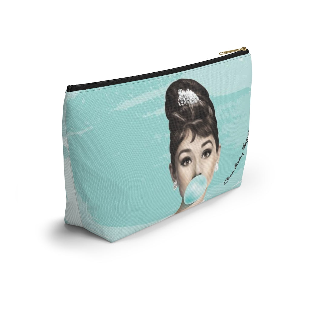 Audrey Hepburn Cosmetic Pouch w T-bottom, Accessory Pouch, Blue Green Signature