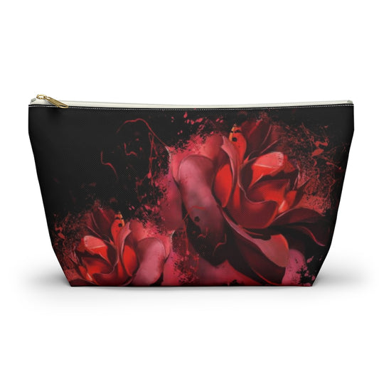 Painted Rose Cosmetic Pouch w T-bottom, Accessory Pouch, Red