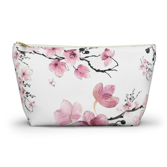 Sakura Cosmetic Pouch w T-bottom, Accessory Pouch - Pink Watercolor Cherry Blossom Makeup Bag