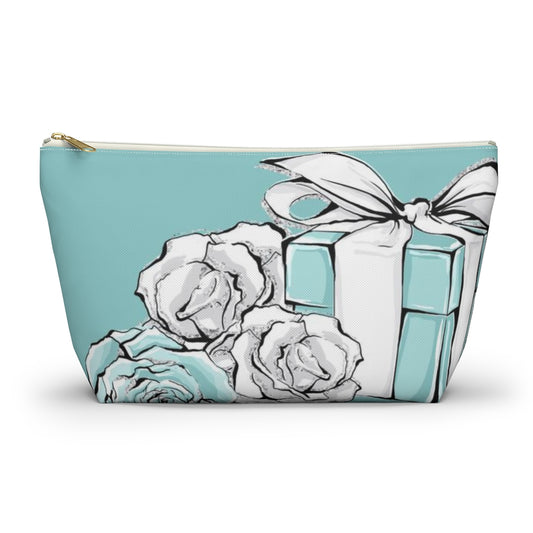 Little Blue Box Cosmetic Pouch w T-bottom, Accessory Pouch, Blue Green Rose Jewelry Box